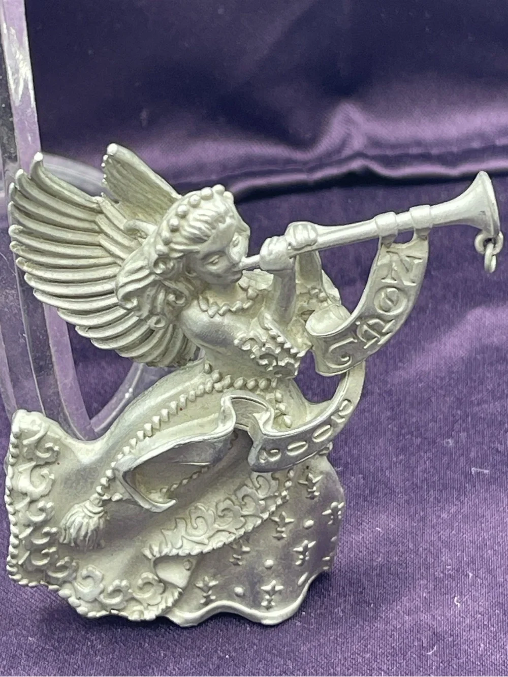 VTG Avon Annual Solid Pewter Ornament:  Year “2002” Christmas Angel Noel Trumpet